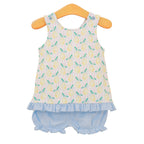 Toddler girl lemon print bloomer set with pink stripe top and blue bloomers.