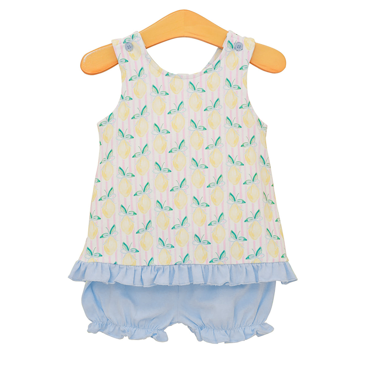 Toddler girl lemon print bloomer set with pink stripe top and blue bloomers.