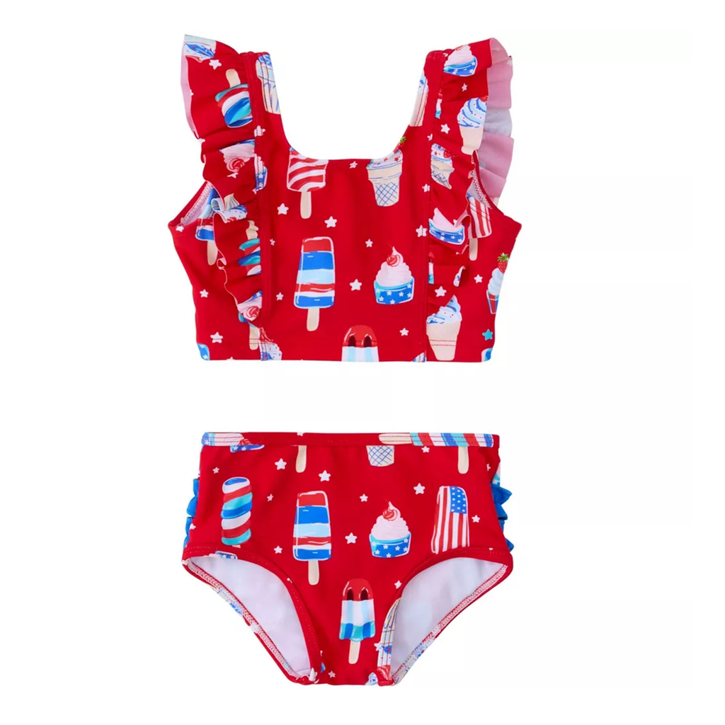 Girl's red two-piece tankini swimsuit with ice cream and American flag pattern.