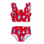 Girl's red two-piece tankini swimsuit with ice cream and American flag pattern.
