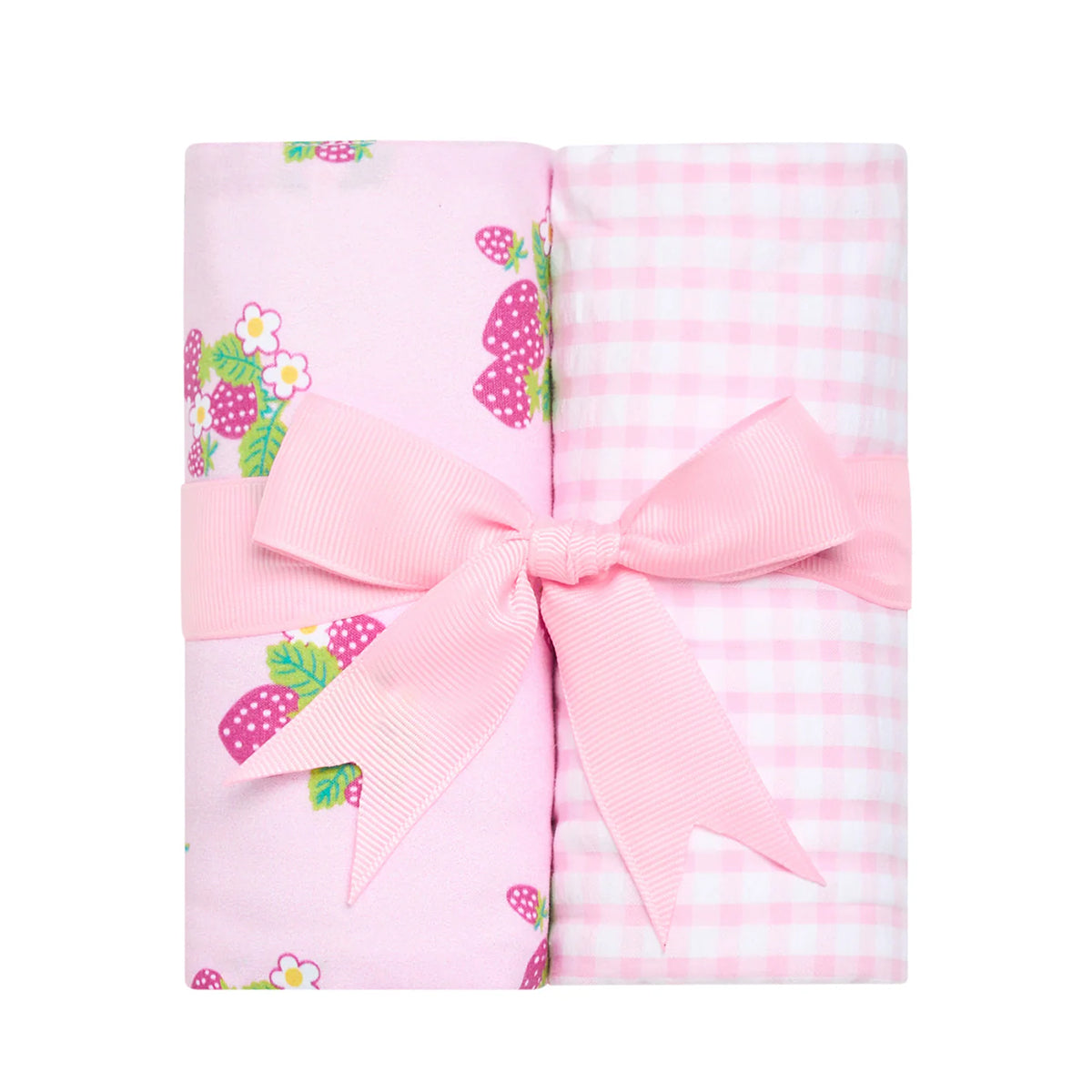 Set of 2 baby burp cloths one in pink check and one in a strawberry flowers print rolled and tied with a pink grosgrain ribbon.