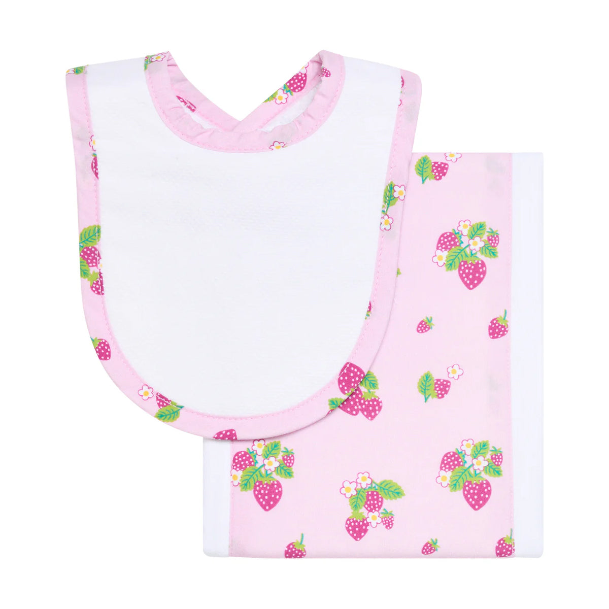 White pique baby bib burp cloth with pink strawberry pattern