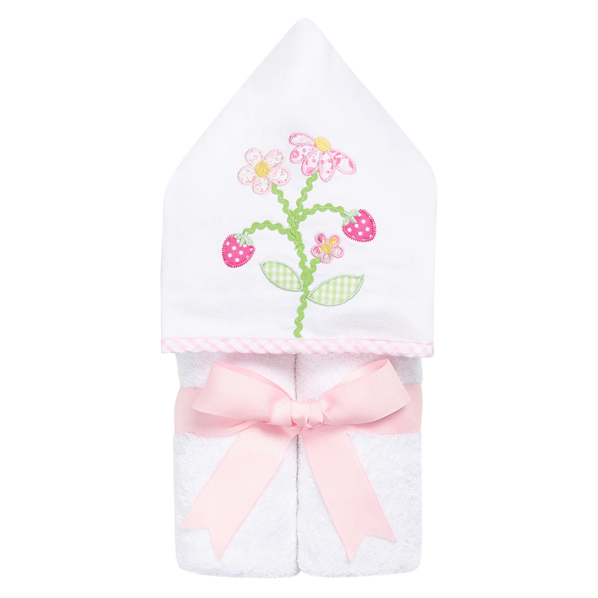 Hooded towel with pink strawberries and flower applique design tied with a pink grosgrain bow.