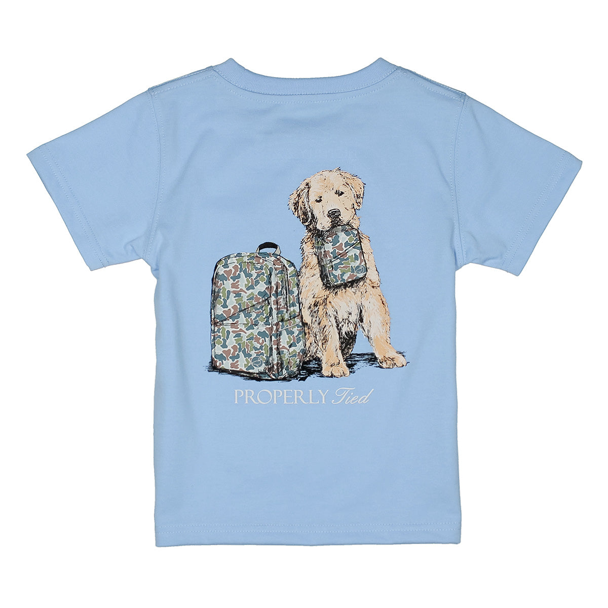 Light blue boy's t-shirt with a dog and camouflage backpack and lunchbox graphic with a Properly Tied logo.