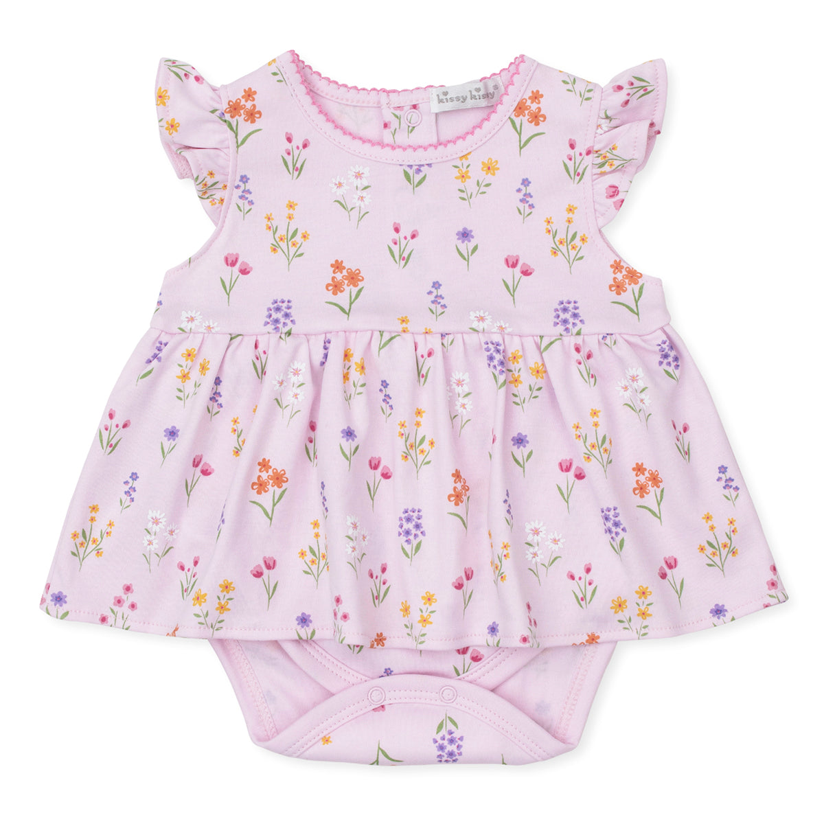Baby girl bodysuit dress with a pink floral pattern and flutter sleeves.