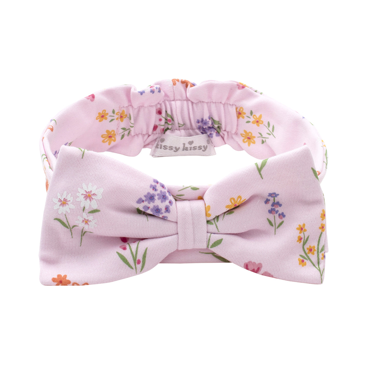 Pink floral-patterned stretchy headband with a bow