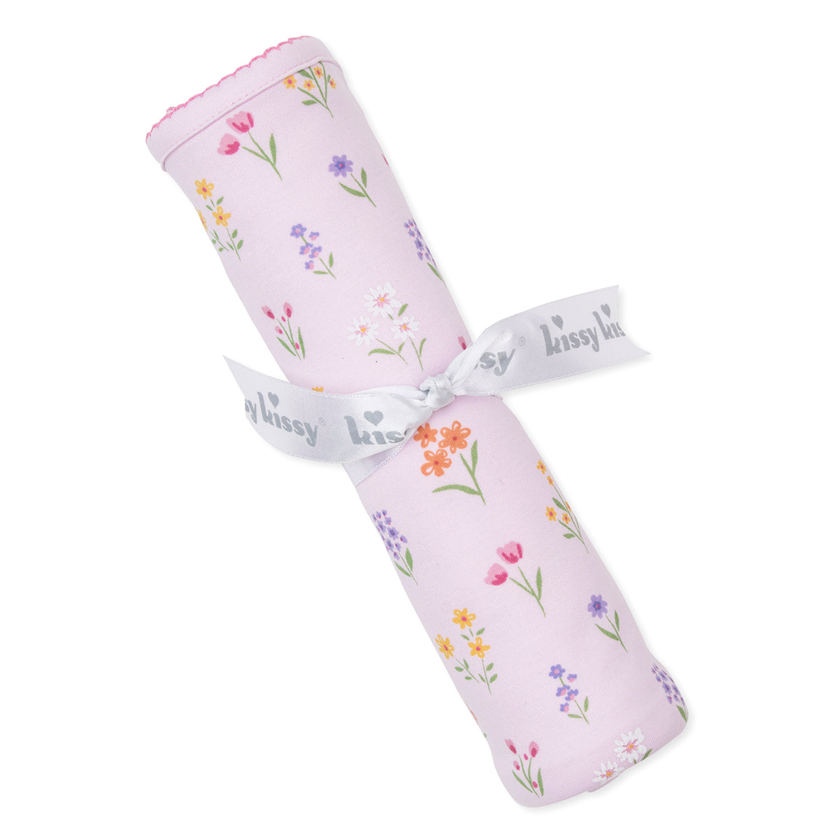 Baby girl pink spring floral receiving blanket rolled up and tied with a kissy kissy satin ribbon.