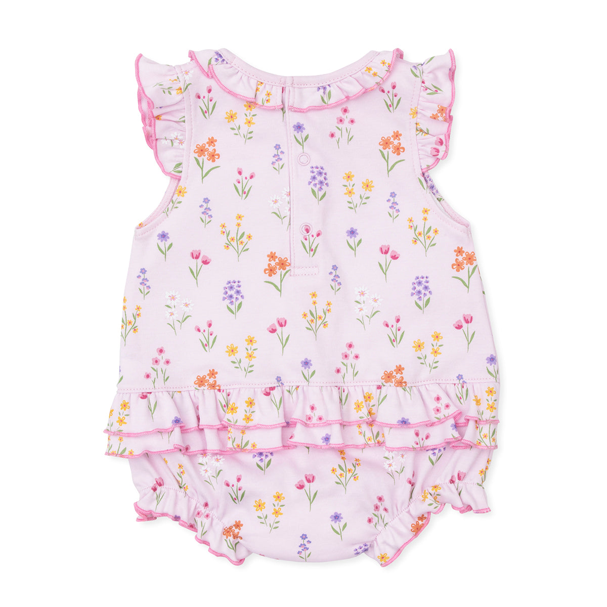 The back of a baby girl's pink spring floral bubble showing the ruffles.