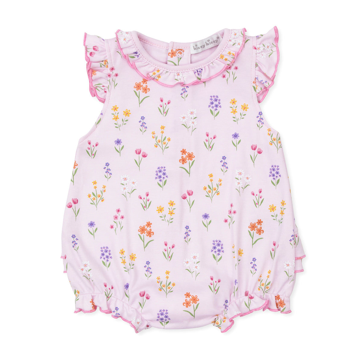 Baby girl pink spring floral bubble with flutter sleeves and a ruffle at the neck.