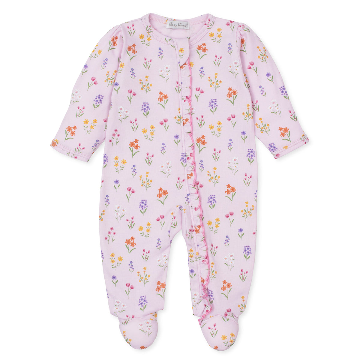 Baby girl pink spring floral footed playsuit romper that  has a ruffle and zipper down the front. 