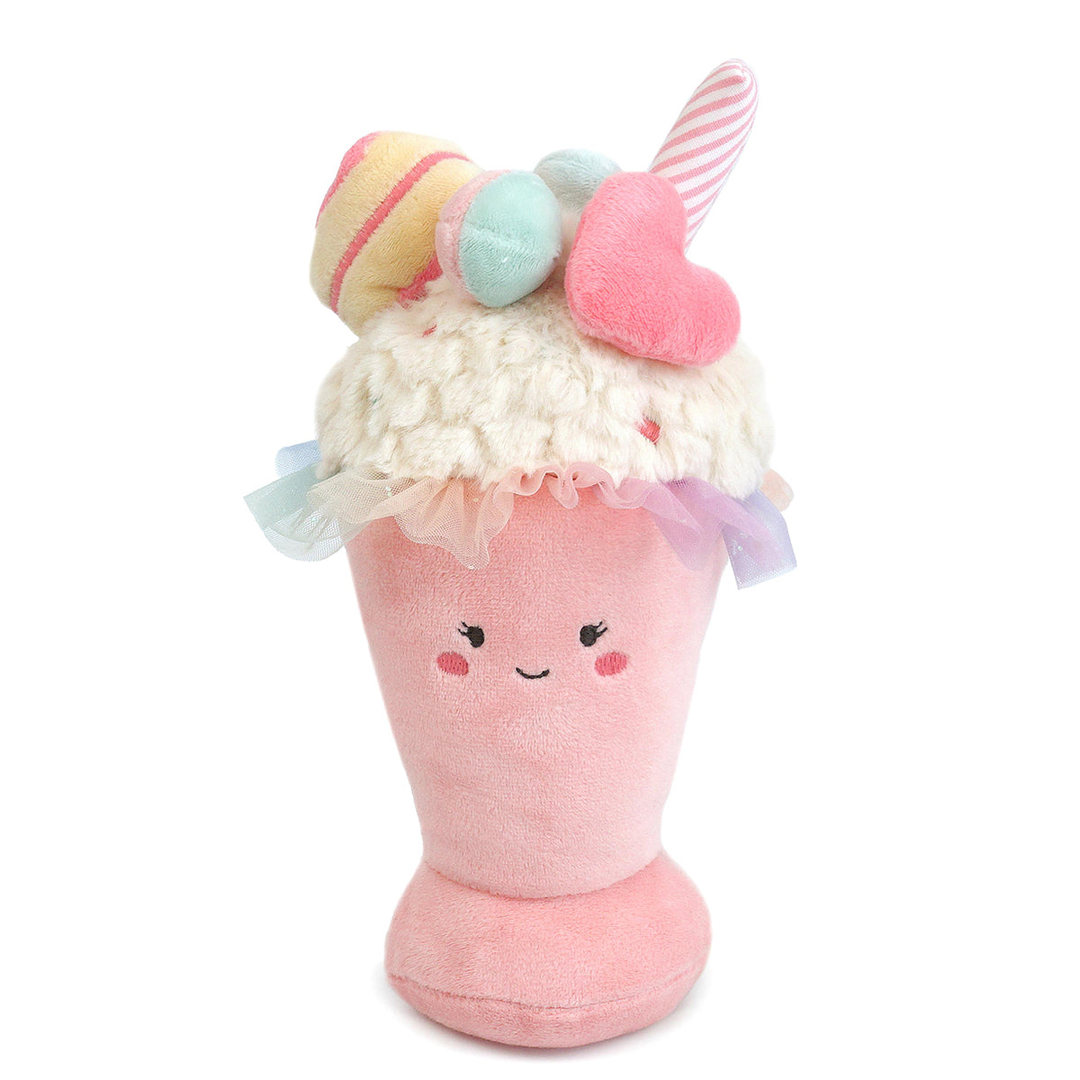 Plush pink milkshake with embroidered smile, whipped topping, plush macarons, heart, and striped straw.