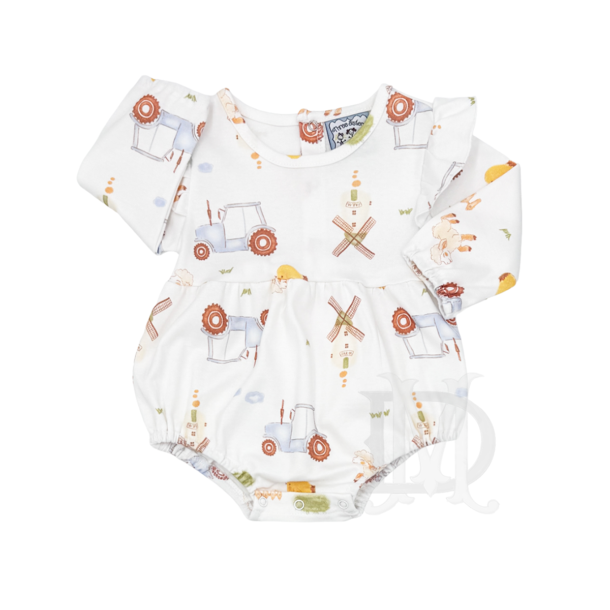 A white long-sleeve baby girl bubble in soft creamy white with a sweet farm watercolor design.