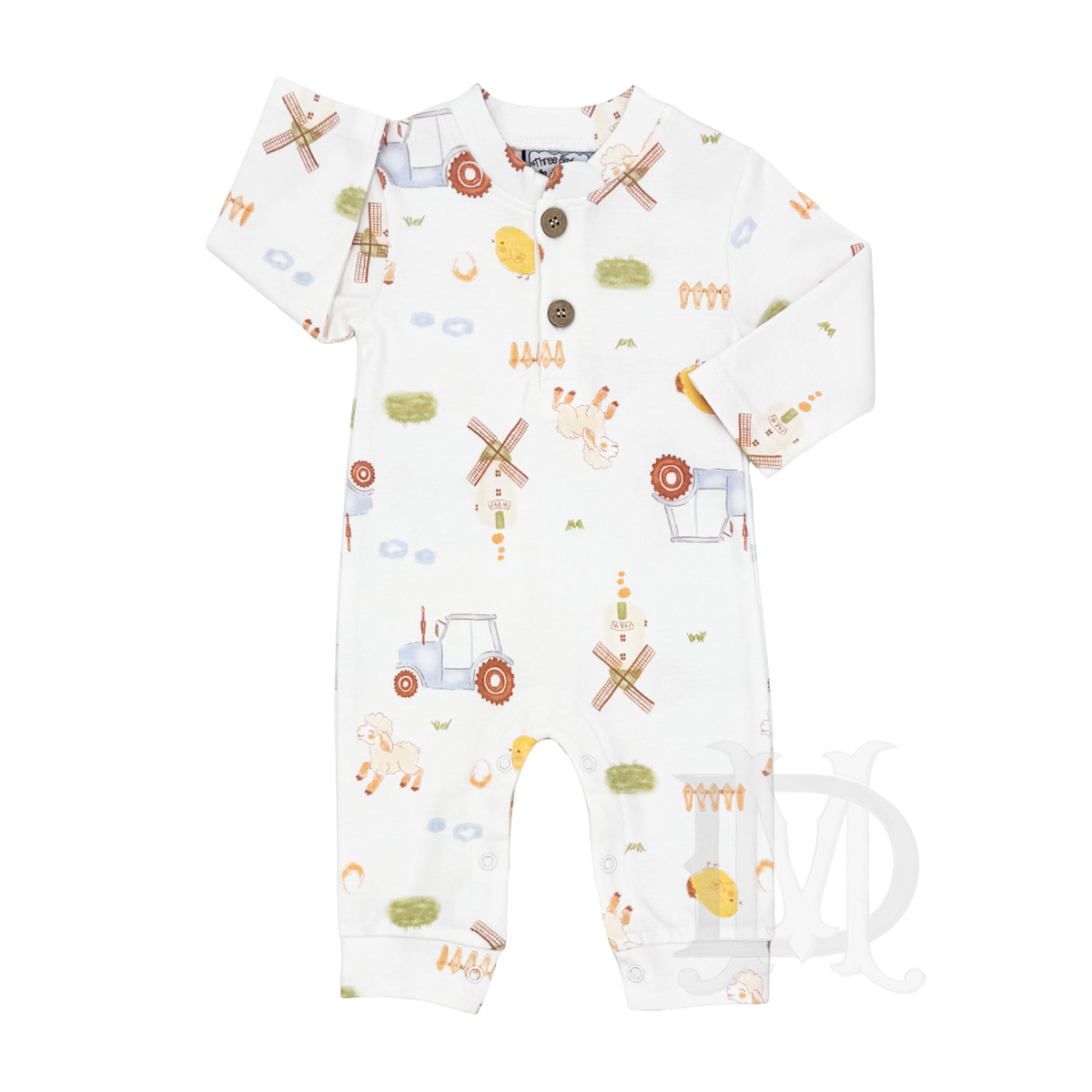 A baby boy long-sleeve knit romper in soft creamy white with a sweet farm design and  buttoned henley neckline.