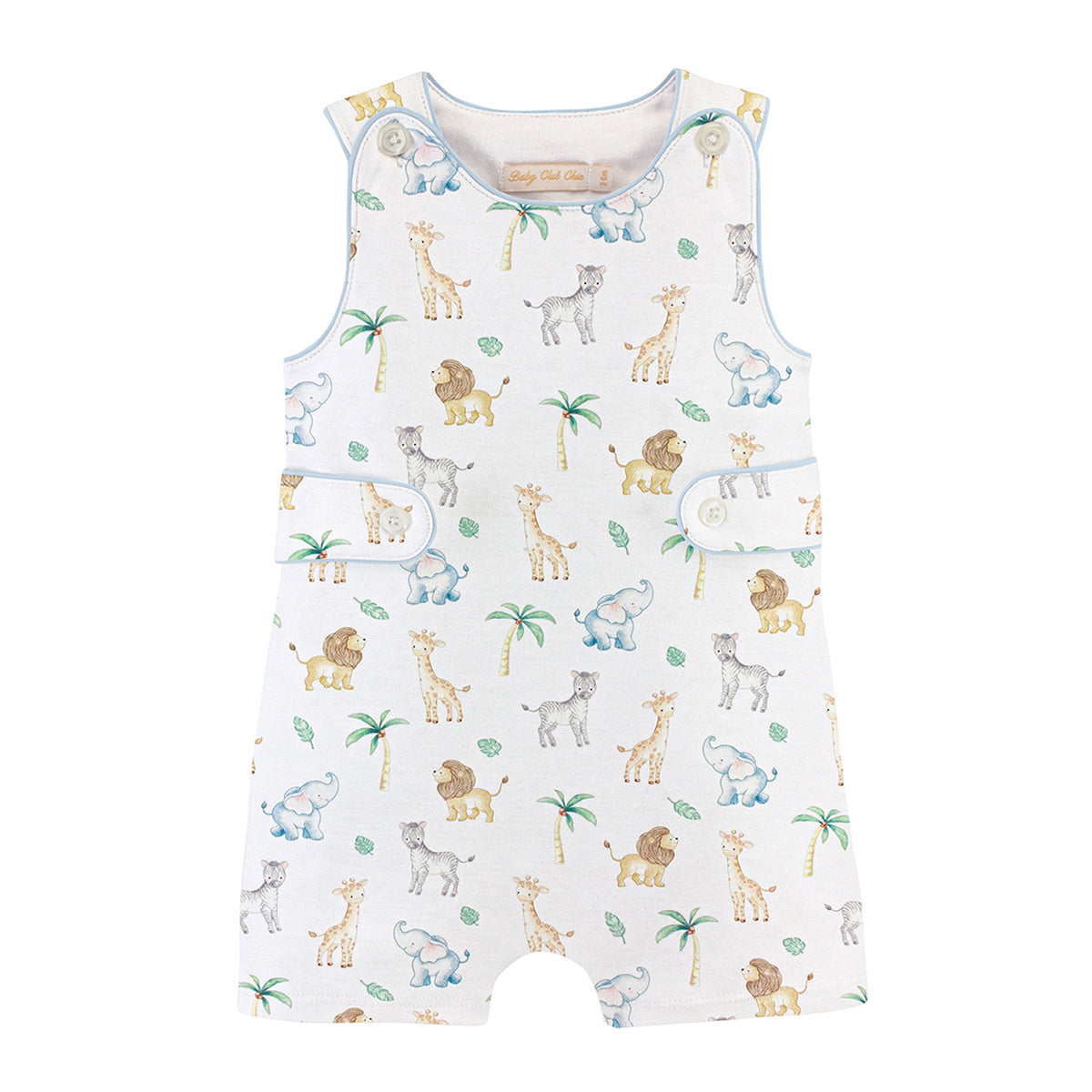 Baby boy shortall with side tabs and blue piping trim in a sweet safari animals design.
