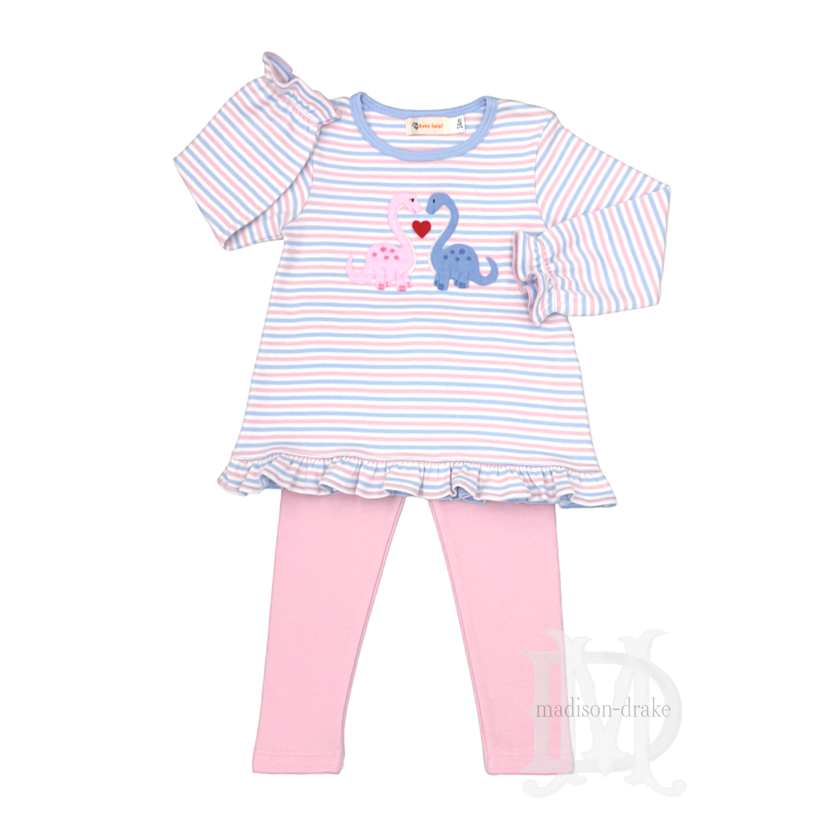 Girl's pink and blue striped tunic top with dinosaurs and a heart paired with pink leggings.