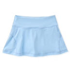 Girls blue athleisure tennis skirt with built-in shorts and back zipper pocket