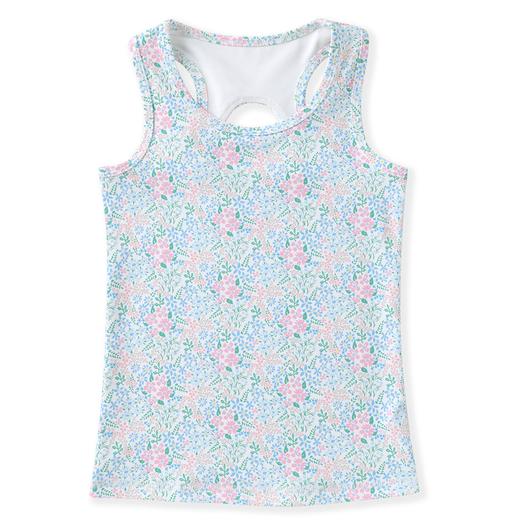 Girls blue and pink ditsy floral racerback active tank top