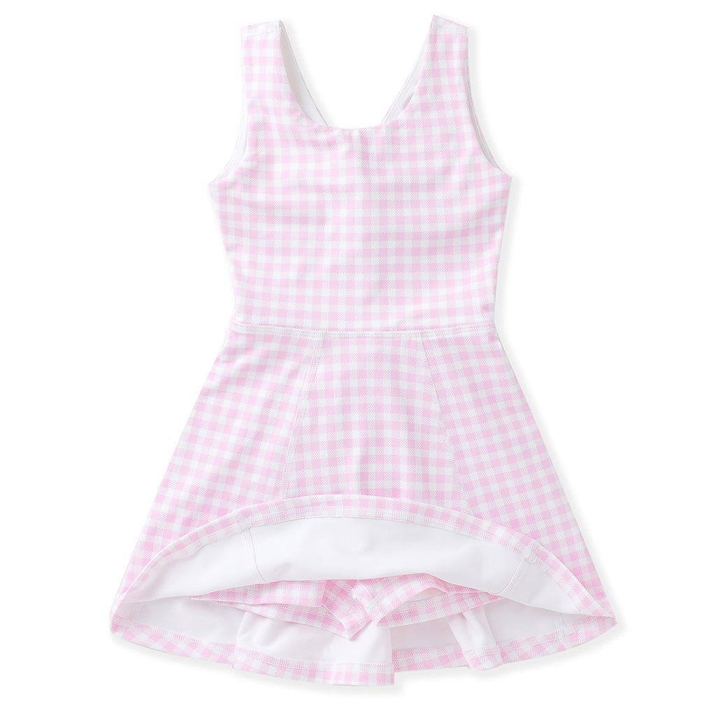 Pink gingham girls tennis dress with built-in shorts