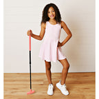 Pink gingham girls tennis dress with twist back and built-in shorts