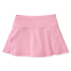 Girls pink athleisure tennis skirt with built-in shorts and back zipper pocket