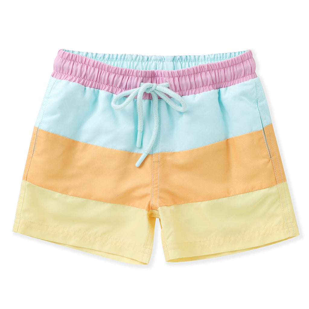 Color-blocked boy swim trunks in yellow, orange, aqua and pink with a drawstring