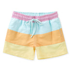 Color-blocked boy swim trunks in yellow, orange, aqua and pink with a drawstring