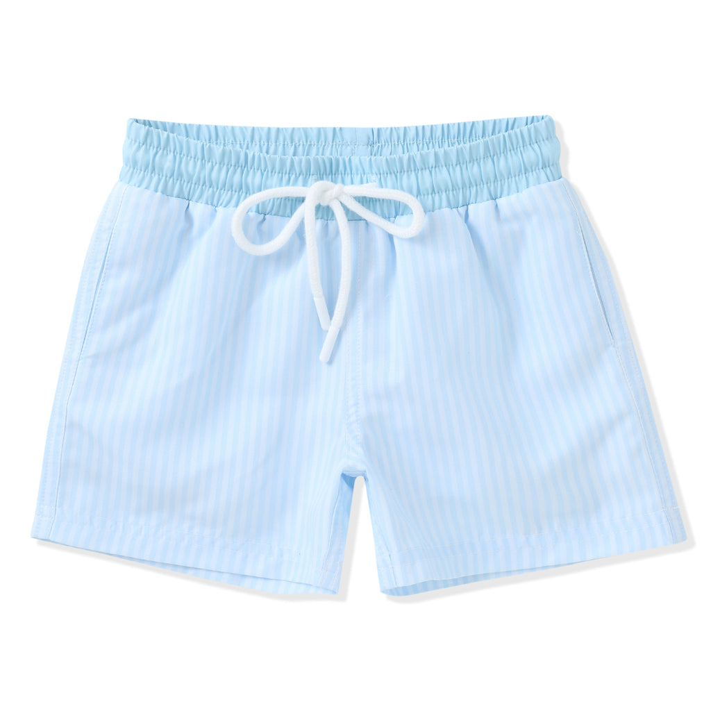 Light blue stripe boy swim trunks with a solid blue band and a drawstring.