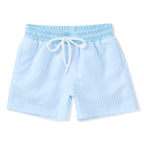 Light blue stripe boy swim trunks with a solid blue band and a drawstring.