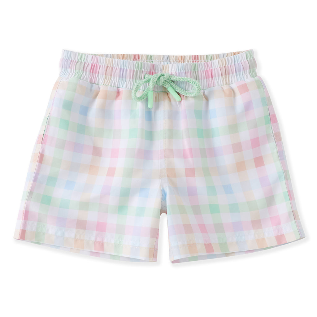 Pastel plaid boy's swim trunks with an elastic waist and mint green drawstring.