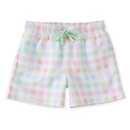 Pastel plaid boy's swim trunks with an elastic waist and mint green drawstring.