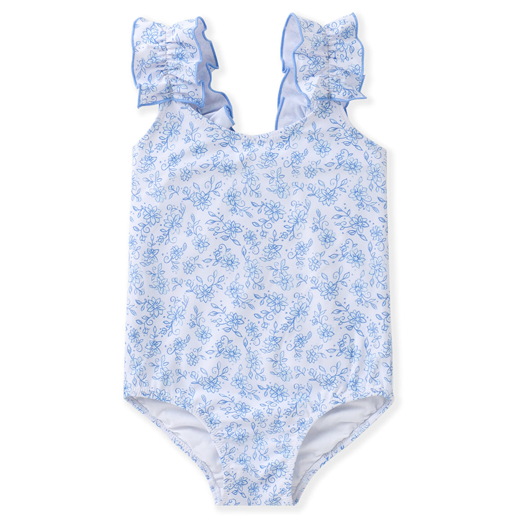 Blue floral one-piece girl's swimsuit with ruffled straps