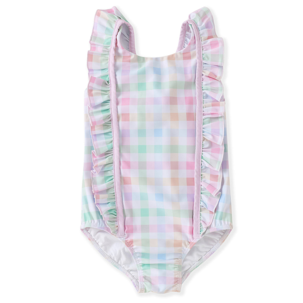 Pastel checkered swimsuit with ruffled details