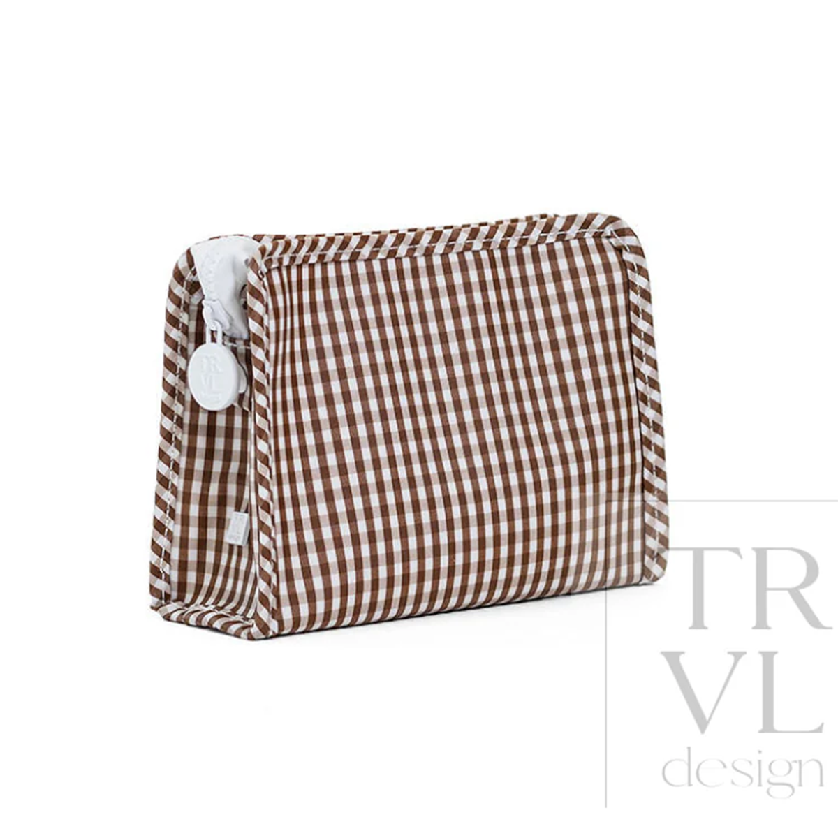 A brown and white gingham check travel organizer bag with a white zipper pull and a 'TRVL design' watermark.