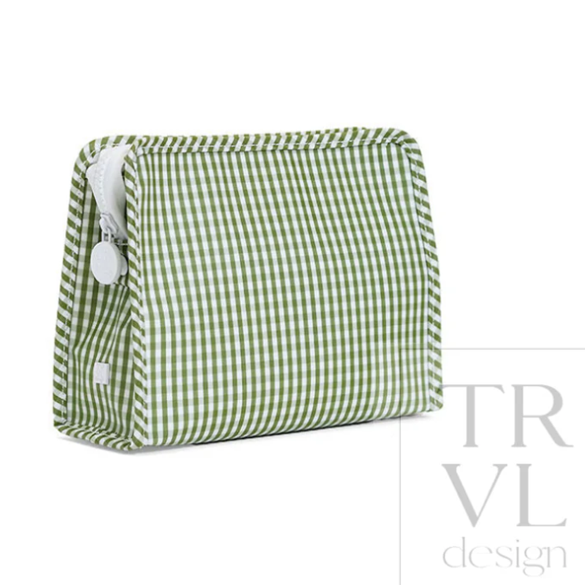 A green and white gingham patterned zippered pouch with a white zipper pull with a 'TRVL design' watermark.
