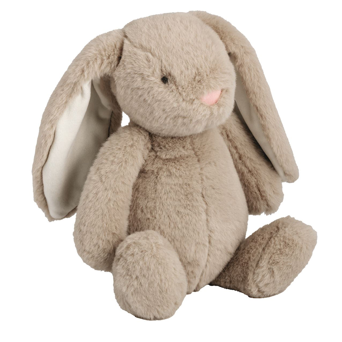 Tan beige medium sized bunny rabbit plush toy with pink nose and white fluffy tail