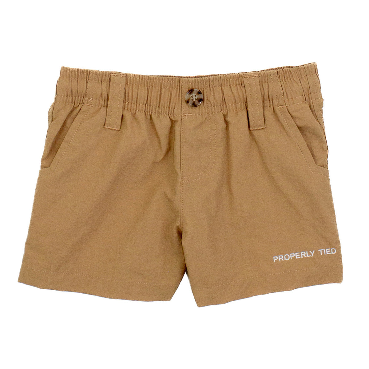 A pair of tan mallard shorts with a Properly Tied logo.