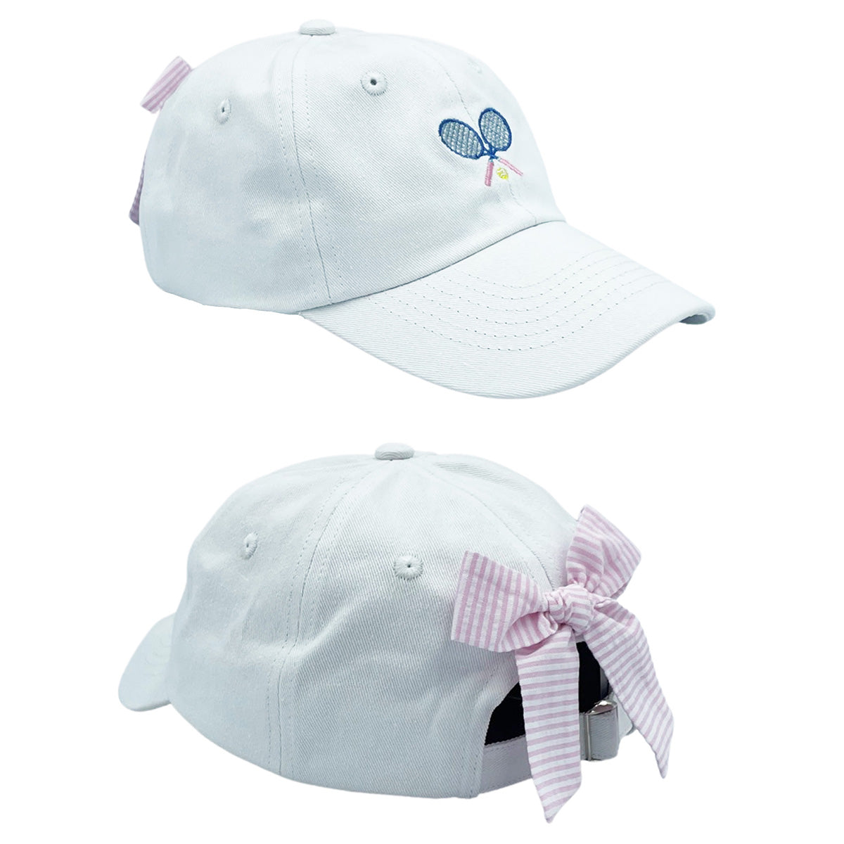 Tennis Racquets on Winnie White Toddler Girl Hat Pink Seersucker Bow