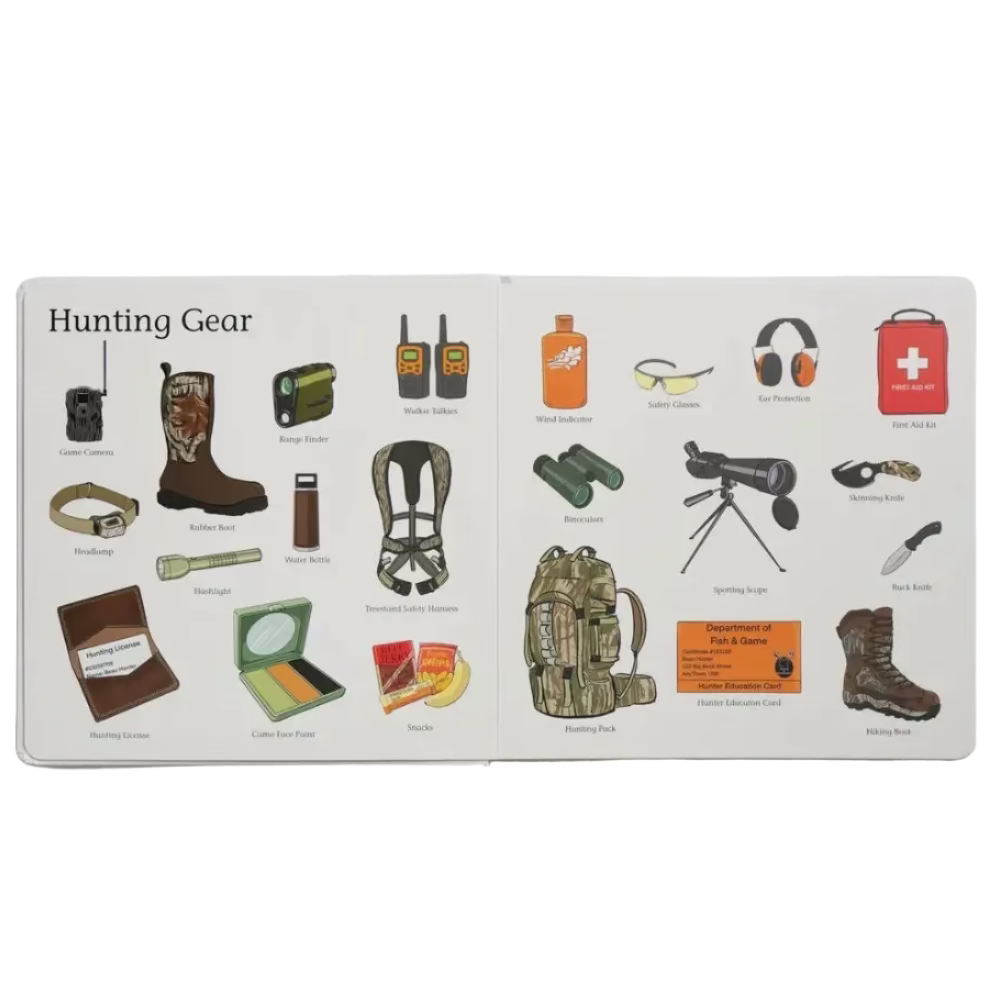 Kids board book with hunting-themed illustrations
