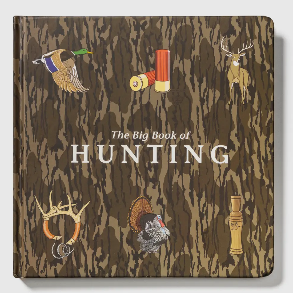Kids board book titled 'The Big Book of Hunting' with hunting-themed illustrations on a Mossy Oak Backwoods background 