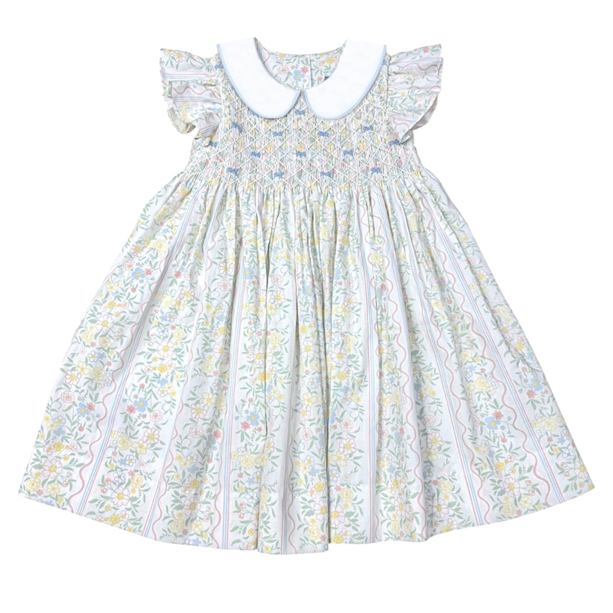 Girls pastel floral dress with flutter sleeves, a smocked bodice, blue bows, and a white peter pan collar.