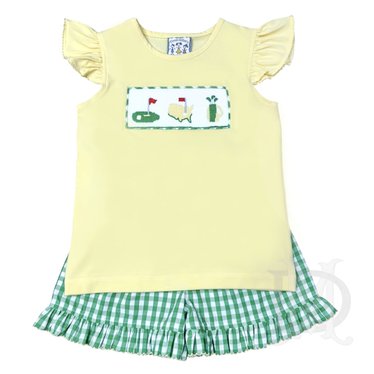 Yellow and green check girls ruffled short set with flutter sleeves and a smocked Masters golf-themed design