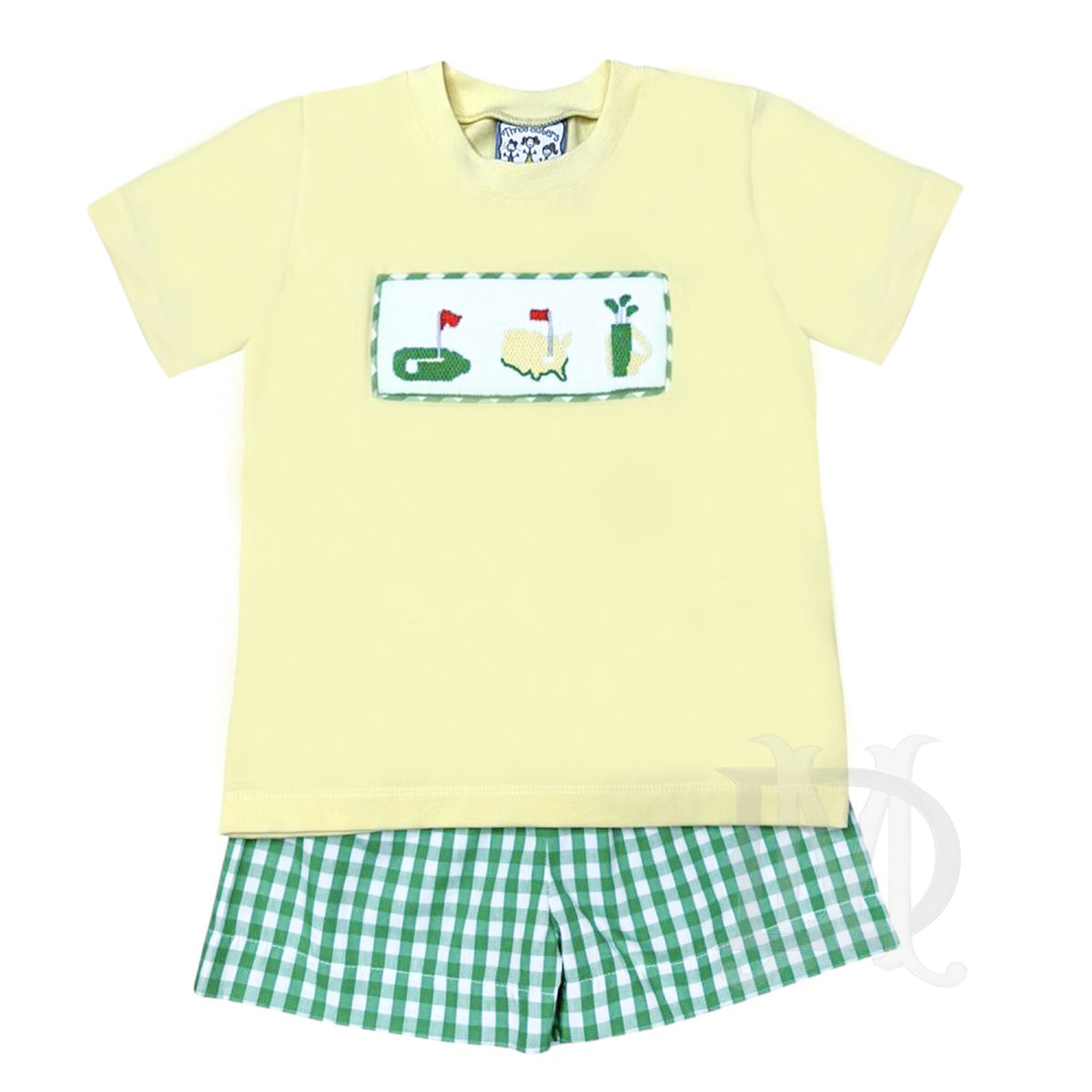 Yellow and green check boys short set with a smocked Masters golf-themed design