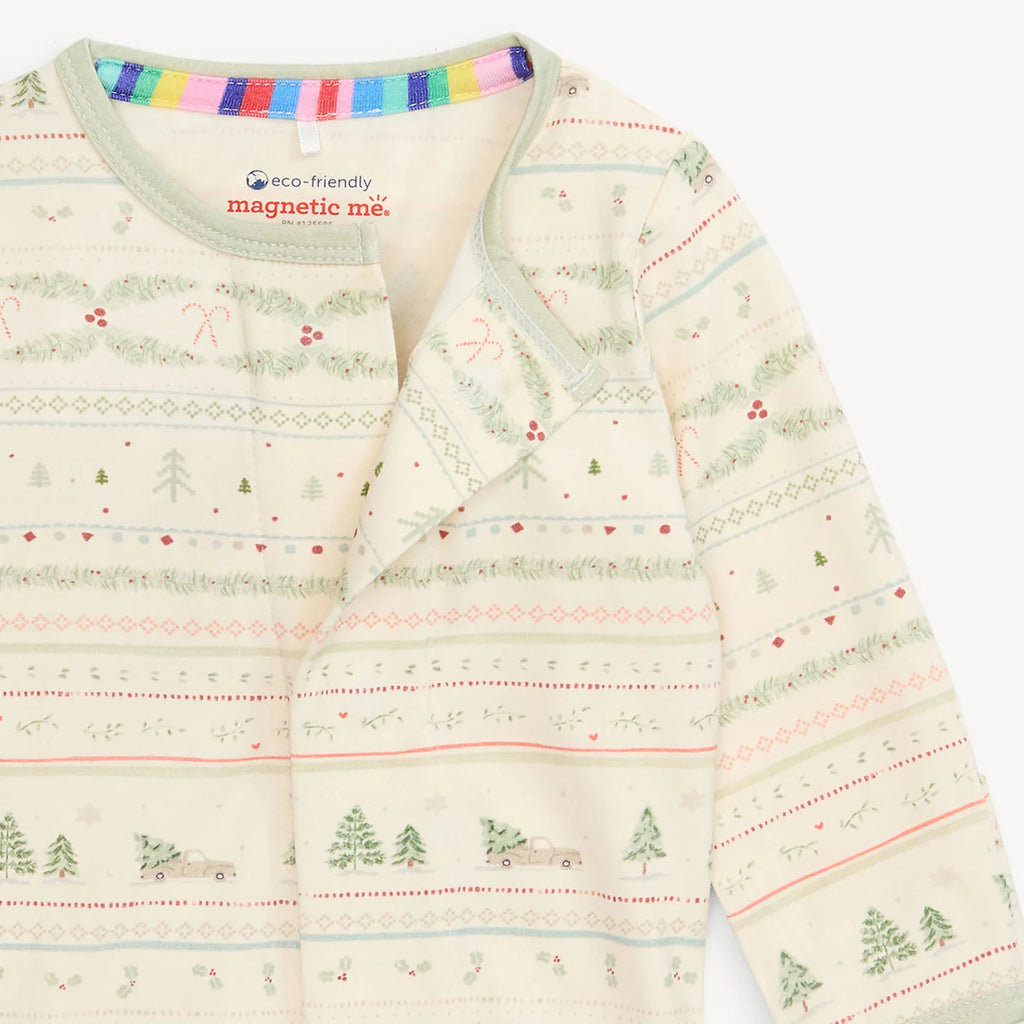 Baby girl's holiday sleeper with magnetic closure and a Christmas fair isle print.