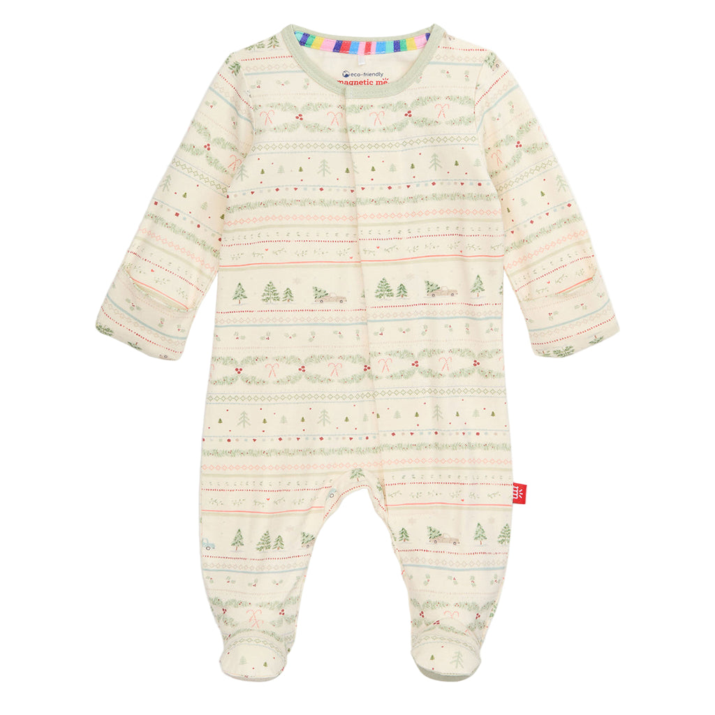 Baby onesie with magnetic closure and a Christmas fair isle print. 