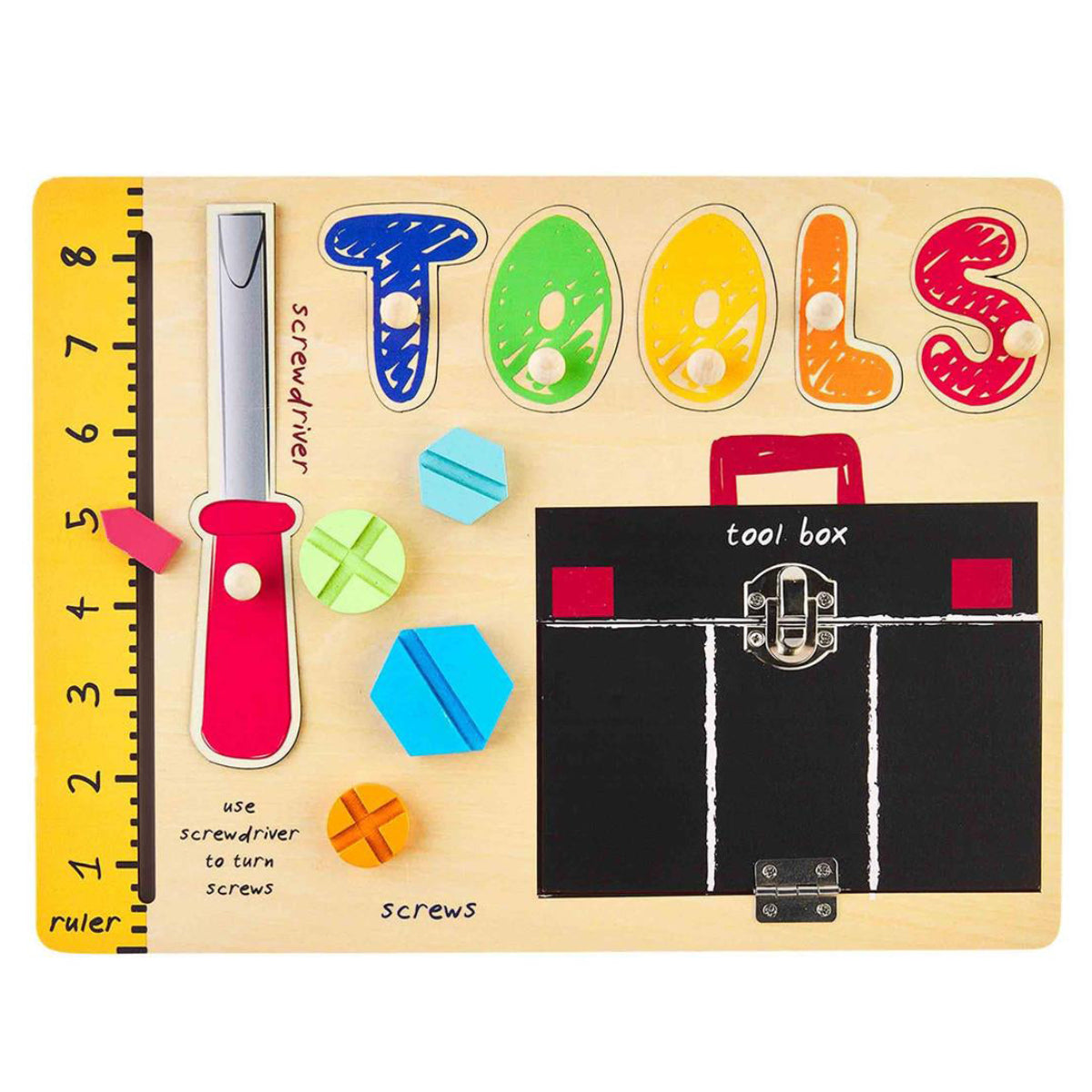 Wooden tool-themed educational puzzle with colorful tools and a black toolbox.