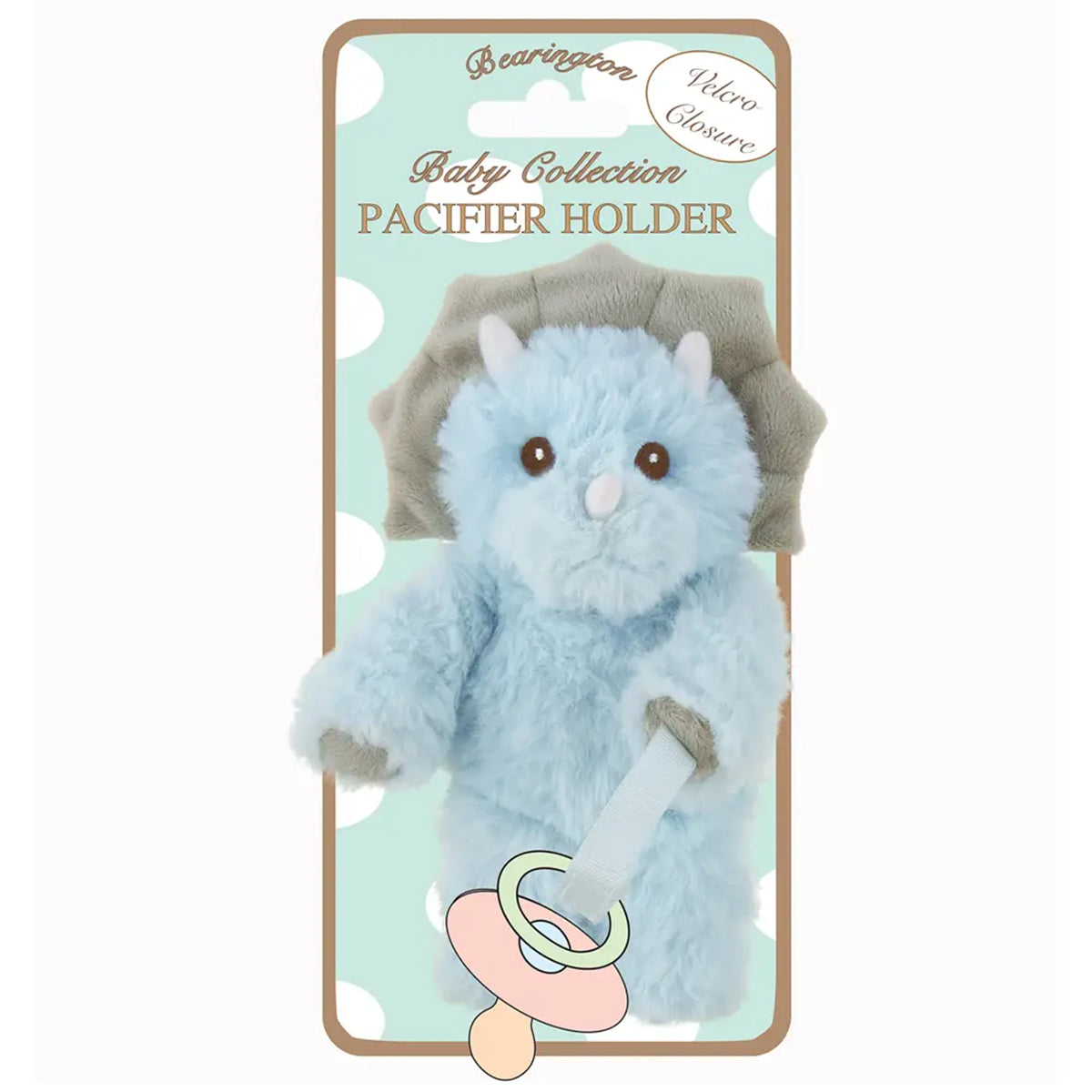 Blue plush dinosaur pacifier holder