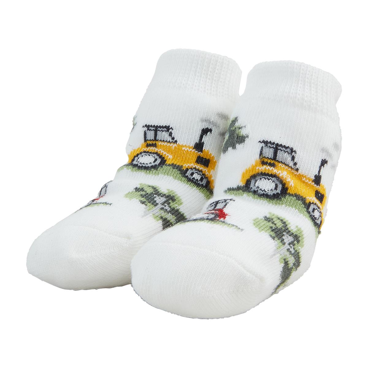 Baby socks with yellow and red tractors