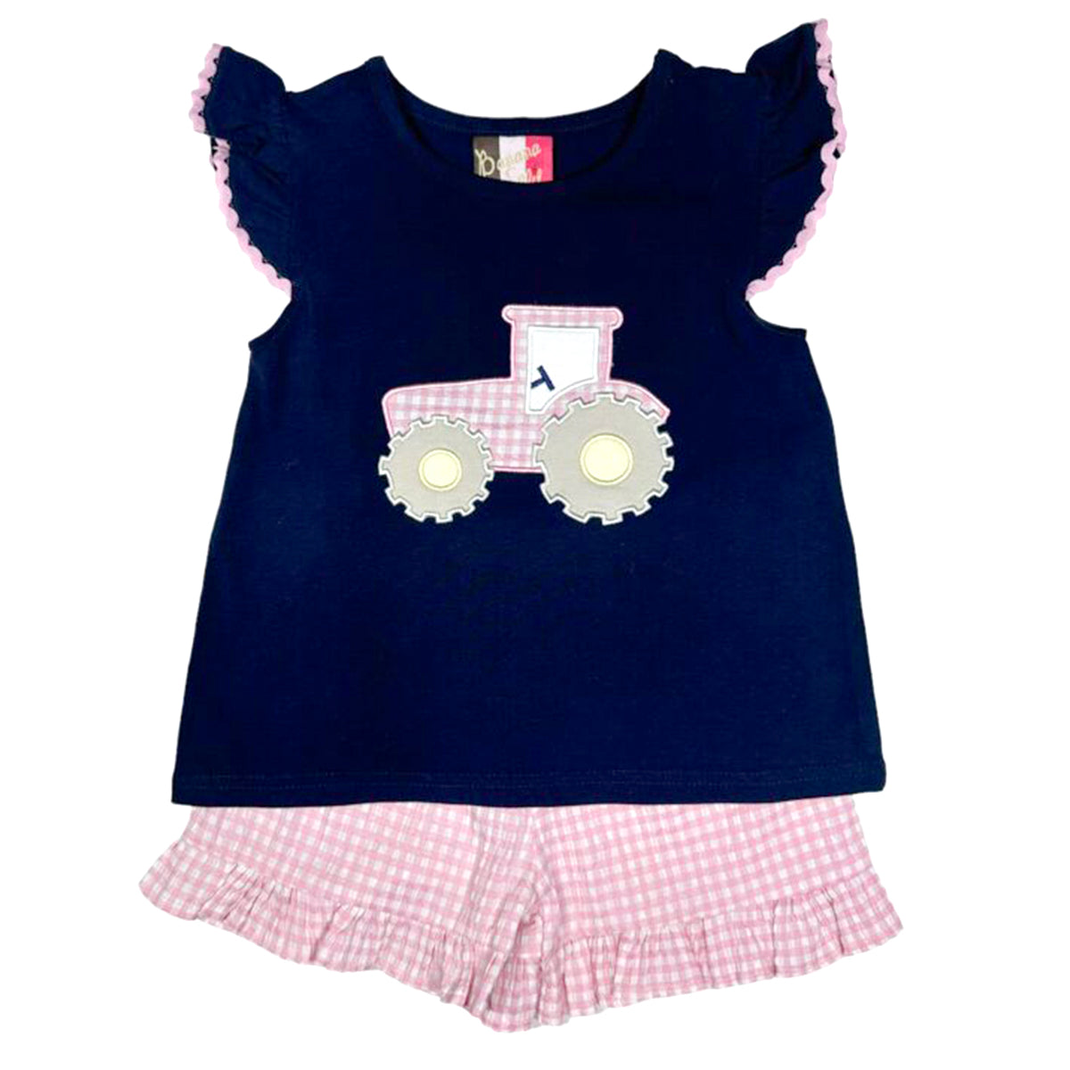 Girl's Appliqued Pink Tractor Shorts Set