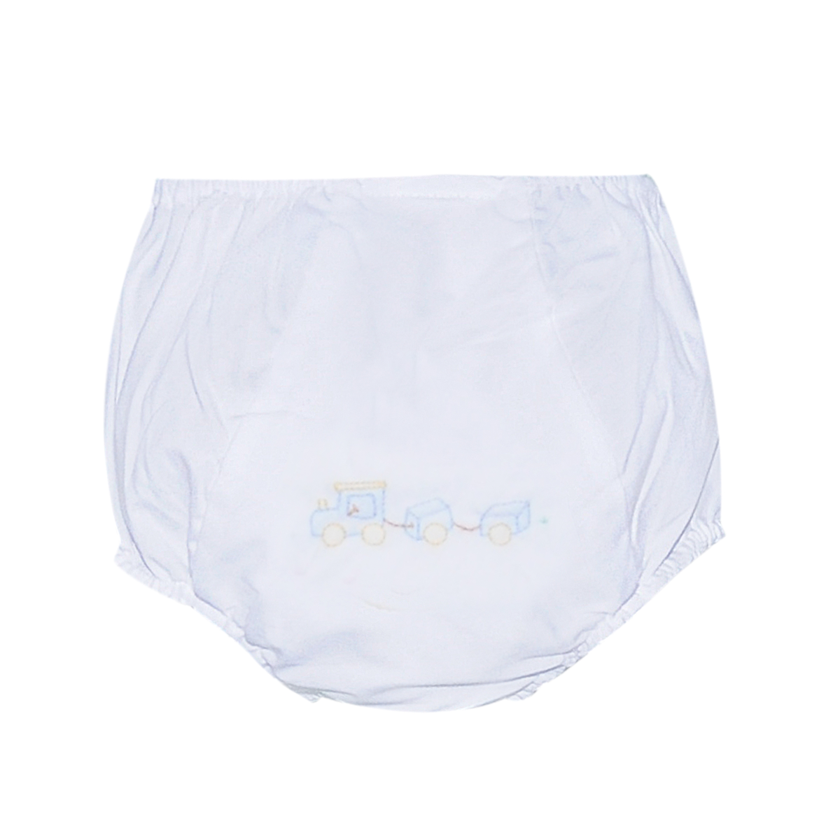 Baby boy white diaper cover featuring a shadow embroidered train design in blue, yellow, and white.