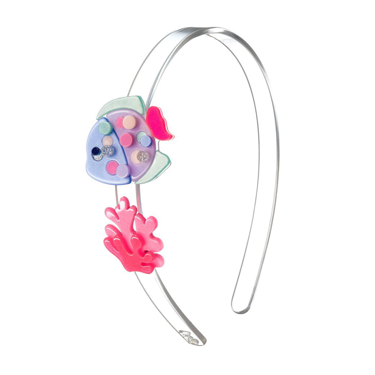 Clear acrylic girls headband with a purple tropical fish and pink coral acrylic details